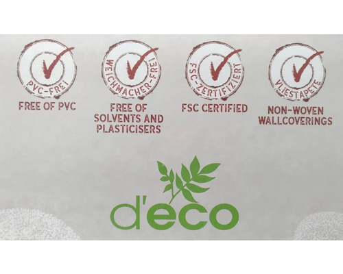 Informace o vlastnostech tapety: bez PVC, bez rozpouštědel a změkčovadel, s certifikací FSC, vliesová tapeta
