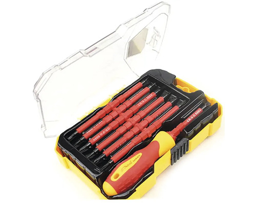 Sada šroubováků s několika izolovanými šroubováky v úložném boxu.