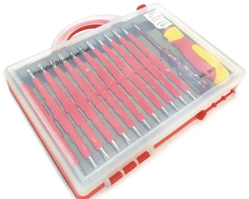 Sada izolovaných šroubováků s různými šroubováky v průhledné krabičce