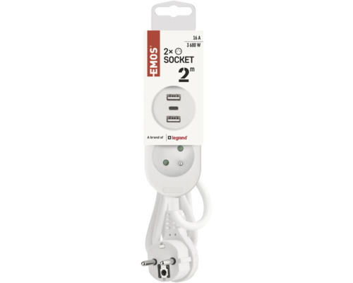 Balená zásuvková lišta EMOS se dvěma zásuvkami, dvěma USB porty a dvoumetrovým kabelem.