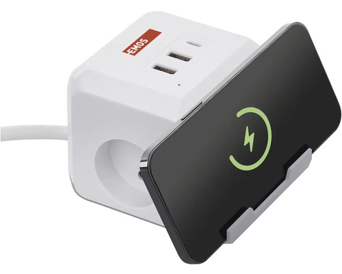 Zásuvková kostka s USB porty a držákem smartphonu