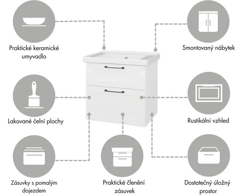 Skříňka pod umyvadlo s keramickým umyvadlem, lakovanými čely, zásuvkami s tichým dovíráním, praktickým uspořádáním zásuvek, dostatečným úložným prostorem a rustikálním vzhledem