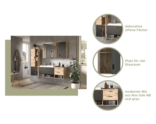 Koupelna s umyvadlovou skříňkou, zrcadlovou skříňkou a vysokou skříňkou v moderním designu.