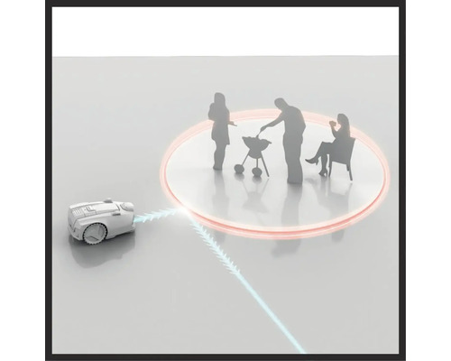 Ilustrace robotické sekačky objíždějící prostor s grilem