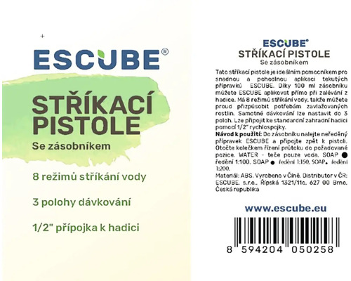 Stříkací pistole Escube se zásobníkem, osm režimů stříkání vody, tři polohy dávkování a 1/2 palcová přípojka k hadici