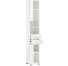 Bílá koupelnová skříňka s otevřenými policemi a zásuvkami pro ukládání koupelnových potřeb