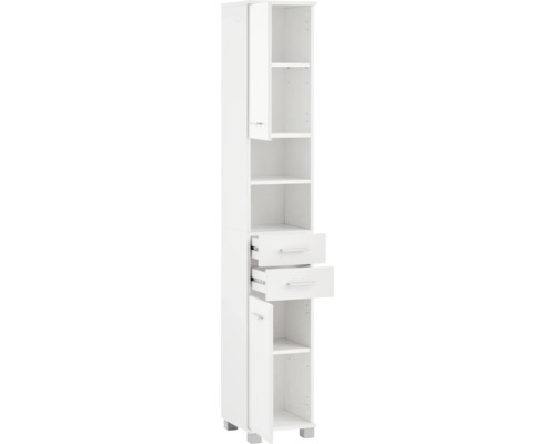 Bílá koupelnová skříňka s otevřenými policemi a zásuvkami pro ukládání koupelnových potřeb