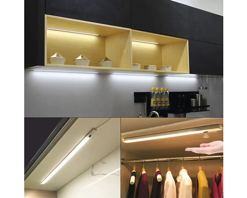 Kuchyňská scéna s LED osvětlením pod skříněmi a v šatníku.