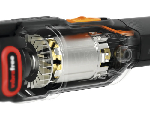 Vnitřní pohled na akumulátorové vrtací kladivo s viditelným motorem a regulací vibrací