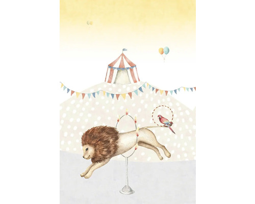 Ilustrace cirkusové scény se stanem, lvem, papouškem a balónky