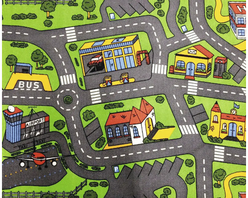 Hrací koberec s ulicemi, budovami a dopravními prostředky