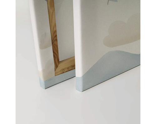 Detailní pohled na dva obrazy na plátně s abstraktním motivem a dřevěným rámem