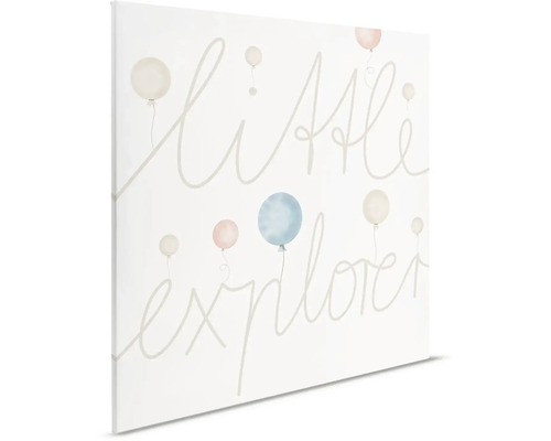 Dekorativní plátno s nápisem Malý průzkumník a obrázky balónků.