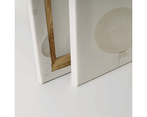 Detailní pohled na dva obrazy na plátně s motivem balónků a dřevěným rámem