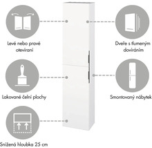 Koupelnová skříňka s volitelnou montáží na levou nebo pravou stranu, tlumenými dvířky, lakovanými povrchy, malou hloubkou a připraveností k montáži.