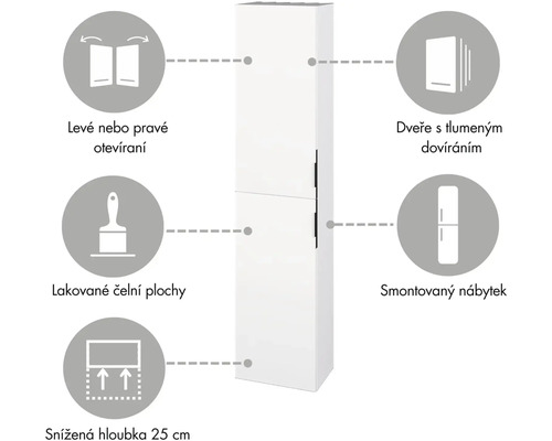 Koupelnová skříňka s volitelnou montáží na levou nebo pravou stranu, tlumenými dvířky, lakovanými povrchy, malou hloubkou a připraveností k montáži.