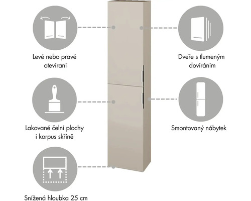 Vysoká skříň s lakovaným povrchem a tlumenými dvířky