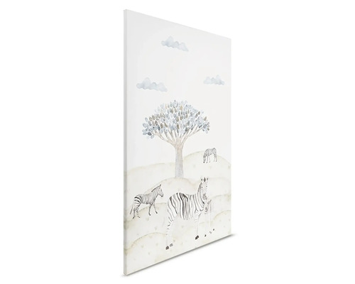 Plátno s obrázkem zeber, stromu a oblaků