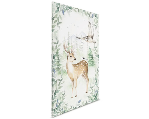 Dekorativní nástěnný obraz s motivem jelena, sovy a lesa