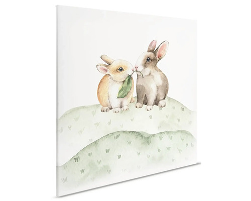 Plátno s akvarelovou kresbou dvou zajíců na louce