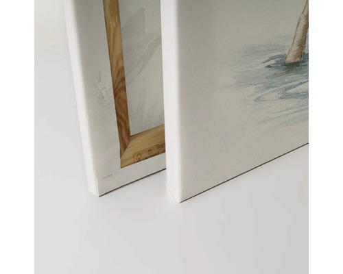 Detailní pohled na dva obrazy na plátně s dřevěným rámem