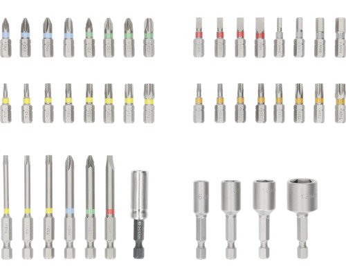 Různé šroubovací bity a magnetické nástrčné klíče v různých velikostech.