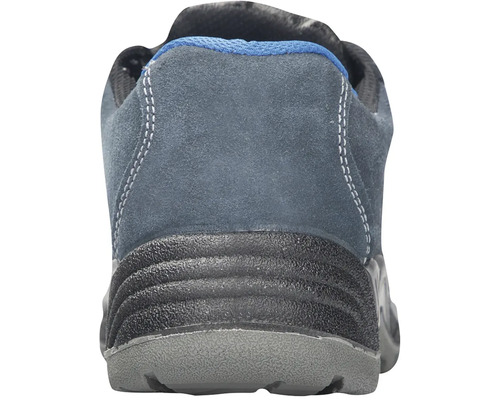 Pohled zezadu na šedou bezpečnostní obuv s černou podrážkou