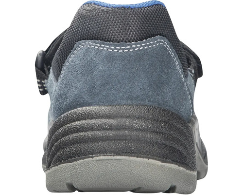 Pohled zezadu na bezpečnostní obuv s šedou podrážkou a černým svrškem