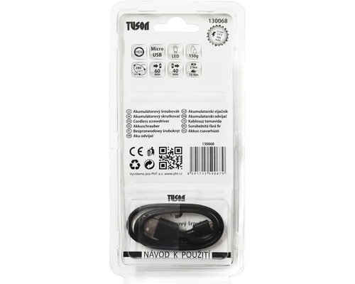Balení akumulátorového šroubováku Tuson s nabíjecím kabelem micro USB