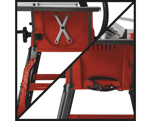 Červený podstavec stolní pily s úložným prostorem na nářadí a držákem napájecího kabelu.