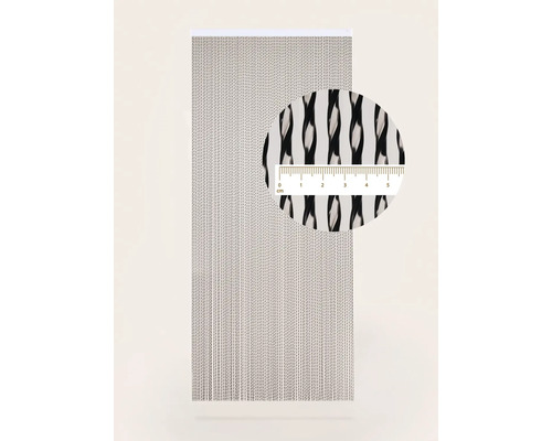 Dekorativní dveřní závěs s černými plastovými vlákny a zvětšeným detailem