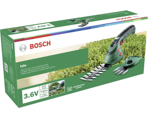 Balení sady akumulátorových nůžek na keře a trávu Bosch Isio