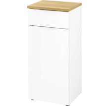 Bílá koupelnová skříňka se zásuvkou a dřevěnou deskou