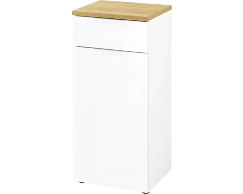 Bílá koupelnová skříňka se zásuvkou a dřevěnou deskou