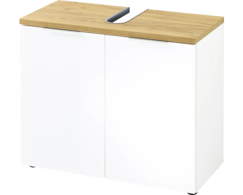 Skříňka pod umyvadlo se dvěma dvířky a dřevěnou pracovní deskou