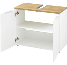 Skříňka pod umyvadlo se dvěma otevřenými dvířky a dvěma policemi