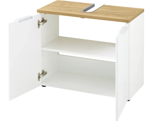 Skříňka pod umyvadlo se dvěma otevřenými dvířky a dvěma policemi