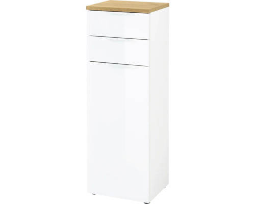 Bílá koupelnová skříňka se dvěma zásuvkami a jedněmi dvířky