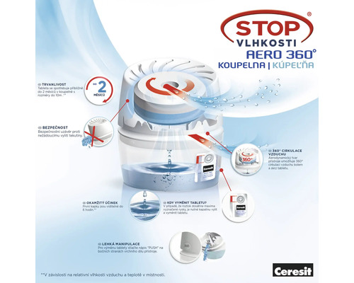 Odvlhčovač vzduchu Ceresit AERO 360 stupňů do koupelny s pokyny pro trvanlivost, bezpečnost, okamžitý účinek, výměnu tablety a snadnou manipulaci