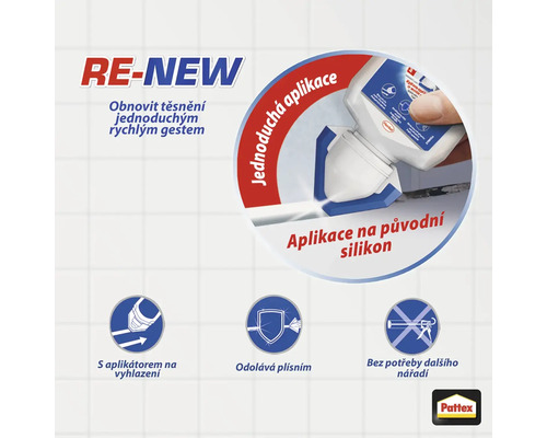Obnovení těsnění Re-New s jednoduchou aplikací, odolné proti plísním, není potřeba žádné další nářadí, logo Pattex