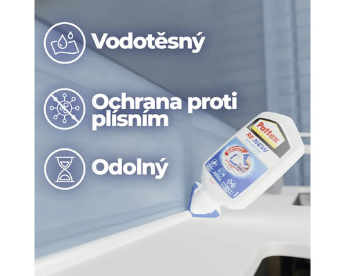 Těsnicí hmota Pattex Re-New s vlastnostmi vodotěsné, ochrana proti plísním a odolná.