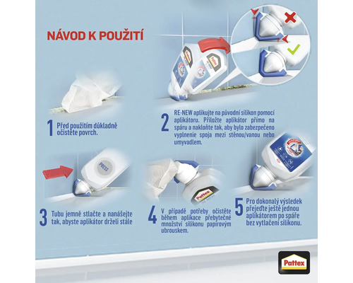 Návod k použití silikonového tmelu pro obnovu silikonových spár v koupelně.