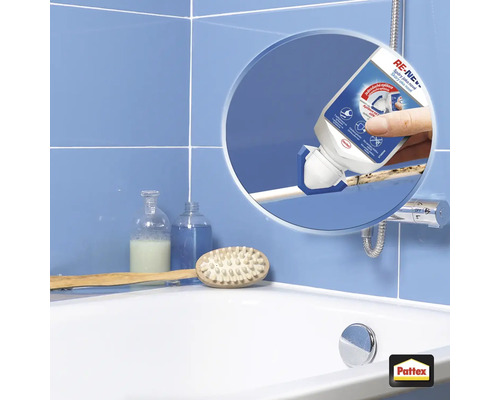 Aplikace přípravku na obnovu spár v koupelně s logem Pattex