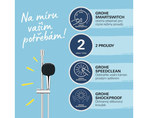 Sprchová tyč s různými druhy proudu a technologiemi od společnosti Grohe