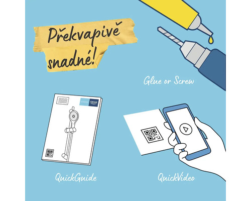 Snadná instalace pomocí lepidla nebo šroubů, stručného průvodce a videa.