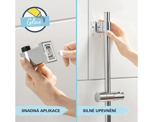 Montáž sprchové tyče s lepidlem pro snadné a pevné upevnění.
