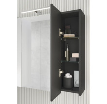 Koupelnová scéna se zrcadlovou skříňkou s otevřenými dveřmi, vybavená skleněnými policemi a různými koupelnovými potřebami.