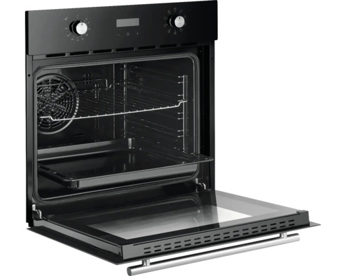 Vestavná trouba s otevřenými dvířky, vnitřní prostor s grilem, plechem a roštem