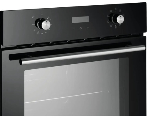 Černá vestavná trouba s ovládacími knoflíky a skleněnými dvířky