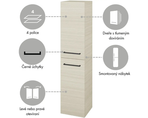 Vysoká skříňka se čtyřmi policemi a černými úchyty